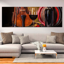 Load image into Gallery viewer, drink  glasses  canvas  wall  art  black  wine  bottle  1  piece  canvas  artwork  brown  violin  with  red  wine  glass  canvas  print In Living Room
