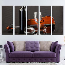 Load image into Gallery viewer, drink glasses canvas wall art black wine bottle 5 piece multiple canvas brown violin wine glass canvas print In Living room
