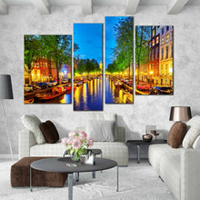 Load image into Gallery viewer, dusk at Amsterdam Canal city lights 4 piece wall art 
