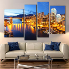 Load image into Gallery viewer, dusk at Vancouver Canal city lights 4 piece wall art In Living Room
