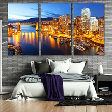 Load image into Gallery viewer, dusk at Vancouver canal 3 piece wall art In Bedoom
