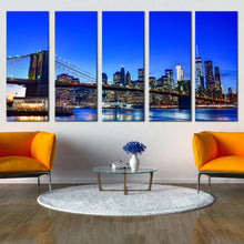 Load image into Gallery viewer, east river canvas wall art blue sky brooklyn bridge 5 piece multiple canvas black new york city skyline canvas print In Living Room
