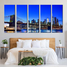 Load image into Gallery viewer, east river canvas wall art blue sky brooklyn bridge 5 piece multiple canvas black new york city skyline canvas print For Bedroom
