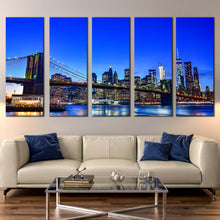 Load image into Gallery viewer, east river canvas wall art blue sky brooklyn bridge 5 piece multiple canvas black new york city skyline canvas print For Living room
