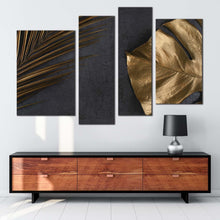 Load image into Gallery viewer, elegant abstract canvas wall art abstract monstera leaves canvas set abstract golden leaves 4 piece canvas print in living room
