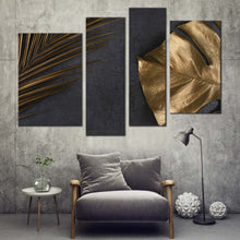 Load image into Gallery viewer, elegant abstract canvas wall art abstract monstera leaves canvas set abstract golden leaves 4 piece canvas print for living room
