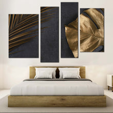 Load image into Gallery viewer, elegant abstract canvas wall art abstract monstera leaves canvas set abstract golden leaves 4 piece canvas print
