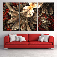 Load image into Gallery viewer, elegant abstract canvas wall art red abstract digital background 3 piece canvas print brown abstract fractal flower canvas set In Living Room
