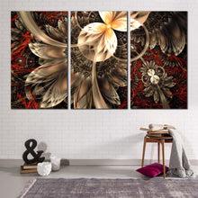 Load image into Gallery viewer, elegant abstract canvas wall art red abstract digital background 3 piece canvas print brown abstract fractal flower canvas set
