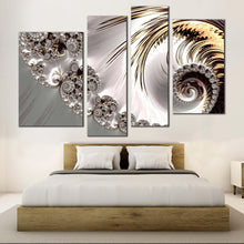 Load image into Gallery viewer, elegant abstract canvas wall art white digital abstract art canvas set infinity fractal abstract canvas print grey abstract swirl 4 piece canvas in bedroom
