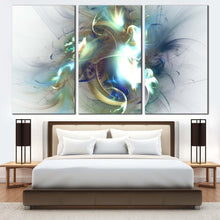 Load image into Gallery viewer, elegant abstract canvas wall art white green abstract fractal glow 3 piece canvas print modern abstract triptych multi canvas artwork In Bedroom
