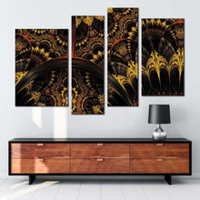 Load image into Gallery viewer, elegant abstract canvas wall art yellow digital abstract painting 4 piece canvas print black graphic abstract canvas set in living room
