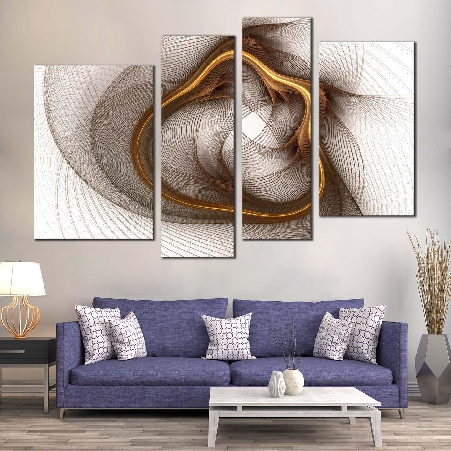 elegant abstract canvas wall art yellow digital artwork graphic canvas set symmetrical abstract 4 piece canvas dynamic abstract pattern multi canvas