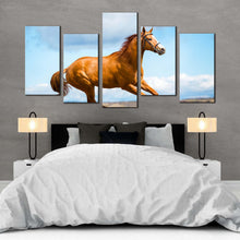 Load image into Gallery viewer, elegant horse canvas wall art blue sky chestnut horse side 5 piece canvas print brown horse gallop multi canvas artwork In Bedroom
