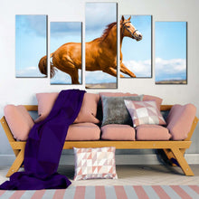 Load image into Gallery viewer, elegant horse canvas wall art blue sky chestnut horse side 5 piece canvas print brown horse gallop multi canvas artwork For Living Room
