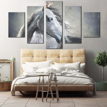 Load image into Gallery viewer, elegant horse canvas wall art horse portrait 5 piece canvas print white grey horse close up multiple canvas For Bedroom
