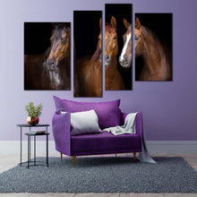 Load image into Gallery viewer, elegant horses canvas print elegant group horses 4 piece canvas isolated horses black background canvas set brown horses portrait canvas wall art in living room
