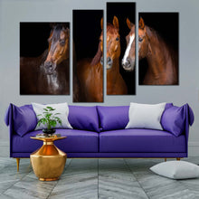 Load image into Gallery viewer, elegant horses canvas print elegant group horses 4 piece canvas isolated horses black background canvas set brown horses portrait canvas wall art for living room
