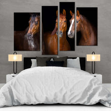 Load image into Gallery viewer, elegant horses canvas print elegant group horses 4 piece canvas isolated horses black background canvas set brown horses portrait canvas wall art
