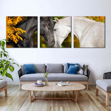 Load image into Gallery viewer, elegant  horses  canvas  wall  art  black  and  white  romantic  horses  3  piece  canvas  set  2  horses  in  orange  autumn  canvas  print In Living Room
