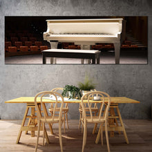 Load image into Gallery viewer, elegant  piano  canvas  wall  art  grand  white  piano  1  piece  wide  canvas  brown  chairs  piano  concert  canvas  print In Dinning Room
