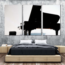 Load image into Gallery viewer, elegant piano canvas wall art white abstract classical piano canvas print black grand piano 3 piece canvas set In Bedrom
