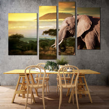 Load image into Gallery viewer, elephant animal canvas print yellow sunset elephant scenery 4 piece canvas wall art brown elephant profile multiple canvas for living room
