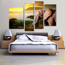 Load image into Gallery viewer, elephant animal canvas print yellow sunset elephant scenery 4 piece canvas wall art brown elephant profile multiple canvas
