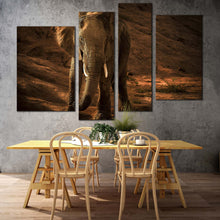 Load image into Gallery viewer, elephant desert canvas print brown isolated elephant 4 piece canvas wall art orange elephant digital painting canvas set in living room
