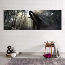 Load image into Gallery viewer, elephant  forest  canvas  wall  art  elephant  in  yellow  sunrise  panoramic  canvas  print  elephant  green  trees  canvas  artwork For Living Room
