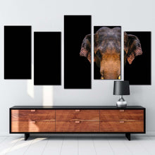 Load image into Gallery viewer, elephant front canvas print black background isolated elephant multiple canvas orange grey elephant close 5 piece canvas wall art
