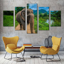 Load image into Gallery viewer, elephant front canvas wall art grey elephant landscape canvas print elephant green scenery 5 piece multiple canvas For Living room
