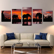 Load image into Gallery viewer, elephant landscape canvas print elephant in orange nature multi canvas artwork black elephant lake 5 piece canvas wall art In Living room
