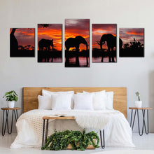 Load image into Gallery viewer, elephant landscape canvas print elephant in orange nature multi canvas artwork black elephant lake 5 piece canvas wall art For Bedroom
