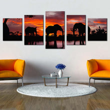 Load image into Gallery viewer, elephant landscape canvas print elephant in orange nature multi canvas artwork black elephant lake 5 piece canvas wall art For Living room
