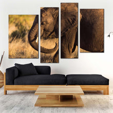 Load image into Gallery viewer, elephant landscape canvas wall art elephant green scenery 4 piece canvas print brown elephant smiling canvas set in living room
