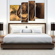 Load image into Gallery viewer, elephant landscape canvas wall art elephant green scenery 4 piece canvas print brown elephant smiling canvas set for bedroom
