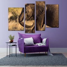 Load image into Gallery viewer, elephant landscape canvas wall art elephant green scenery 4 piece canvas print brown elephant smiling canvas set
