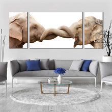 Load image into Gallery viewer, elephant  love  canvas  wall  art  grey  brown  elephant  profile  3  piece  canvas  set  elephant  hug  canvas  print In Living Room
