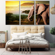 Load image into Gallery viewer, elephant scenery canvas wall art brown elephant profile 3 piece canvas set yellow sunset elephant art print For Bedroom
