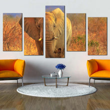 Load image into Gallery viewer, elephant scenery canvas wall art grey elephant walking 5 piece canvas print isolated elephant in orange nature multi canvas For Living Room
