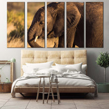 Load image into Gallery viewer, elephant smile canvas wall art elephant green landscape scenery elephant canvas print brown elephant profile 5 piece multiple canvas In Living room
