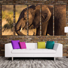 Load image into Gallery viewer, elephant smile canvas wall art elephant green landscape scenery elephant canvas print brown elephant profile 5 piece multiple canvas For Living Room
