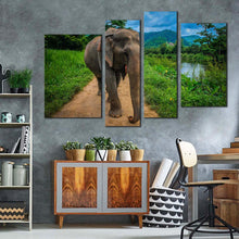 Load image into Gallery viewer, elephant smiling canvas print isolated elephant green scenery 4 piece canvas wall art grey elephant front canvas set
