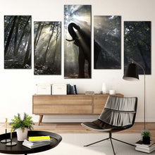 Load image into Gallery viewer, elephant trees canvas wall art isolated elephant in yellow sunrise 5 piece canvas set elephant in the green jungle canvas print In Living Room
