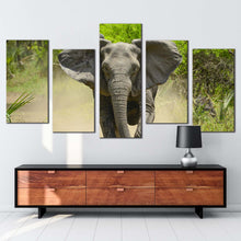 Load image into Gallery viewer, elephant walking canvas wall art green forest isolated elephant 5 piece canvas print grey elephant running multiple canvas
