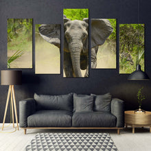 Load image into Gallery viewer, elephant walking canvas wall art green forest isolated elephant 5 piece canvas print grey elephant running multiple canvas In Your Living room
