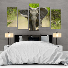 Load image into Gallery viewer, elephant walking canvas wall art green forest isolated elephant 5 piece canvas print grey elephant running multiple canvas For Bedroom
