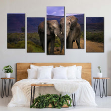 Load image into Gallery viewer, elephants kissing canvas wall art elephant profile 5 piece canvas elephant in green scenery landscape multi canvas grey elephant hug canvas print For Your Bedroom
