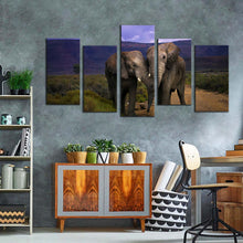 Load image into Gallery viewer, elephants kissing canvas wall art elephant profile 5 piece canvas elephant in green scenery landscape multi canvas grey elephant hug canvas print In Living Room
